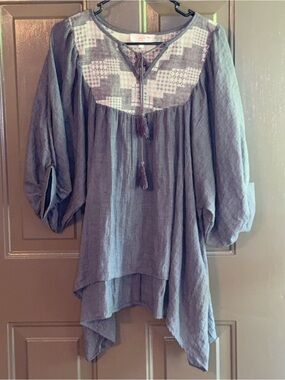 entro Slate Gray Embroidered Yoke Handkerchief-Hem Tunic